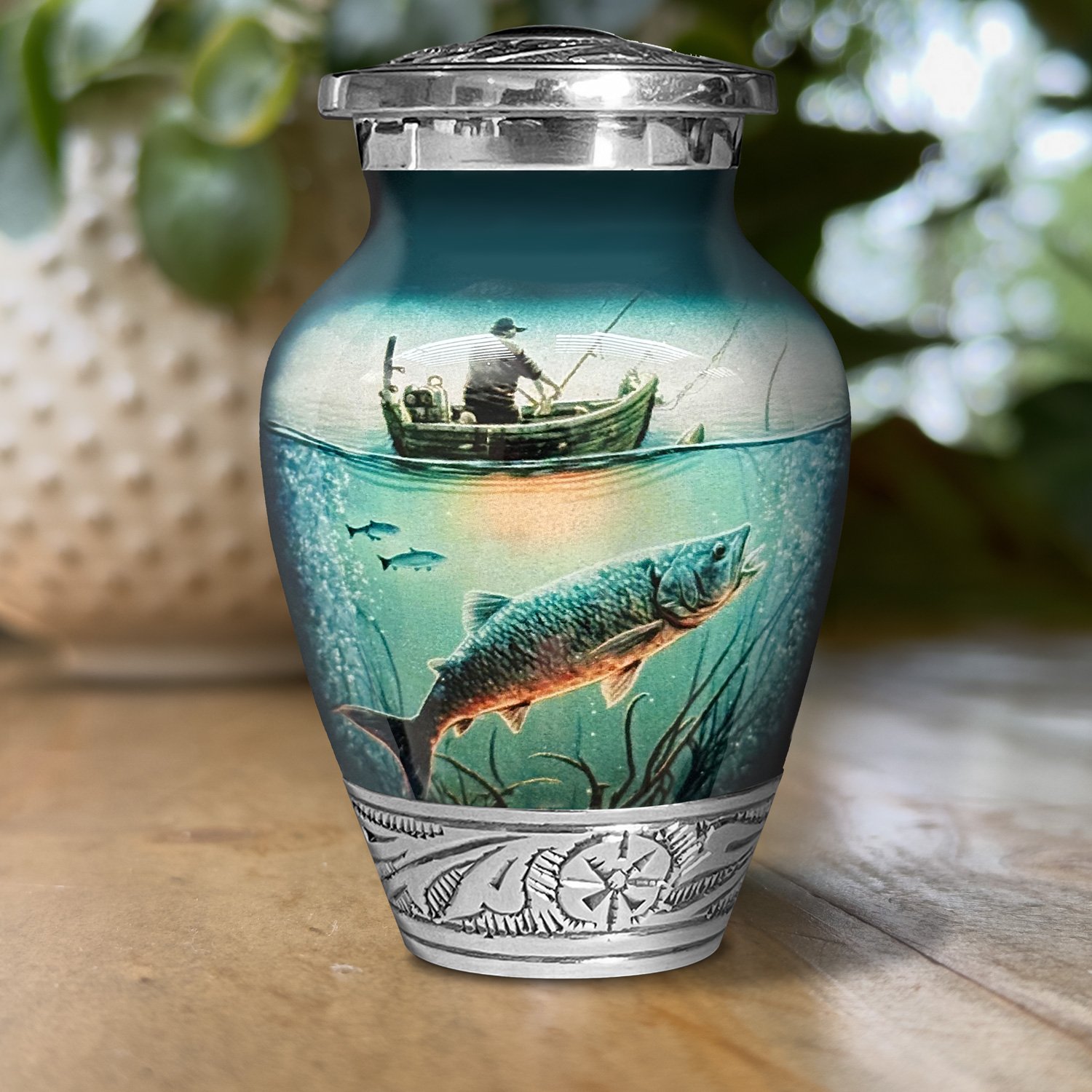 Fishing fish urn adult human ashes keepsake funeral memorial remembrance loved tribute metal lost died keepsake nature cremation decorative urnas para cenizas humanas adultos burial women men dad mom mum fisherman boat bass salmon trout carp walleye