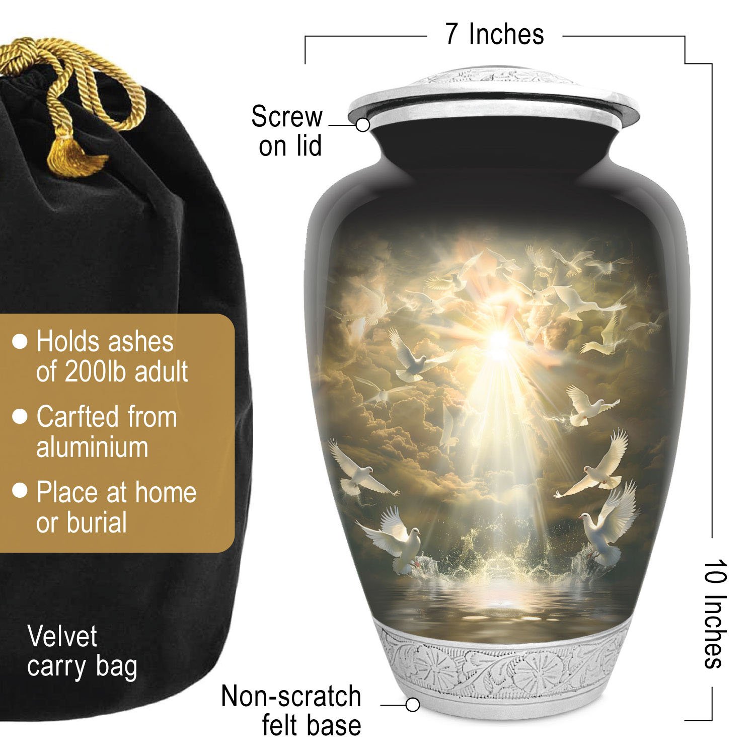 Doves urn adult human ashes large funeral memorial remembrance loved tribute metal lost died keepsake nature cremation decorative burial women men dad mom mum clouds ethereal heaven religious water Dove bird God Jesus urnes funéraires adultes