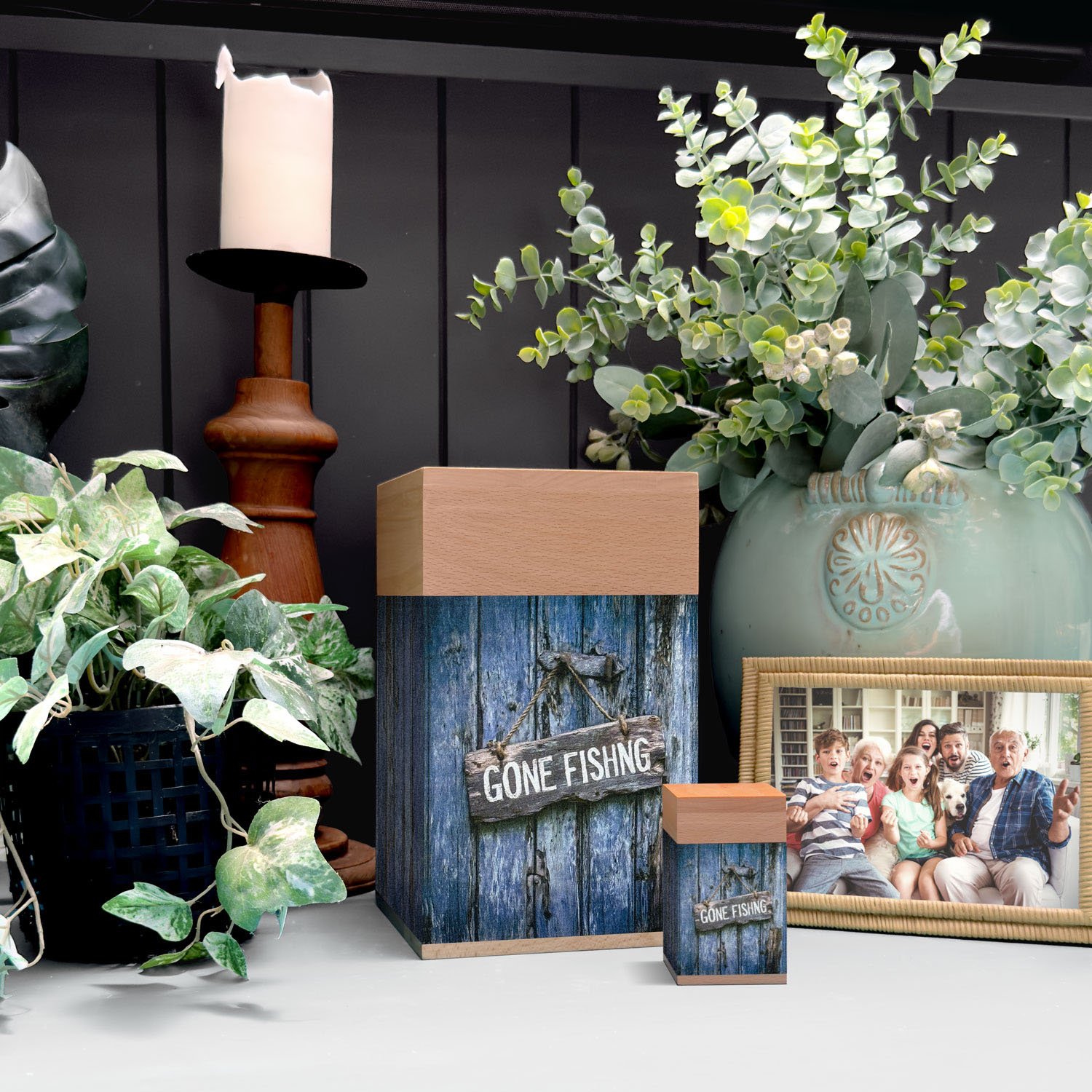 Wooden Urn for Ashes Adult Male or Female | Large ‘Gone Fishing’ Cremation Memorial | Handcrafted Wood Funeral