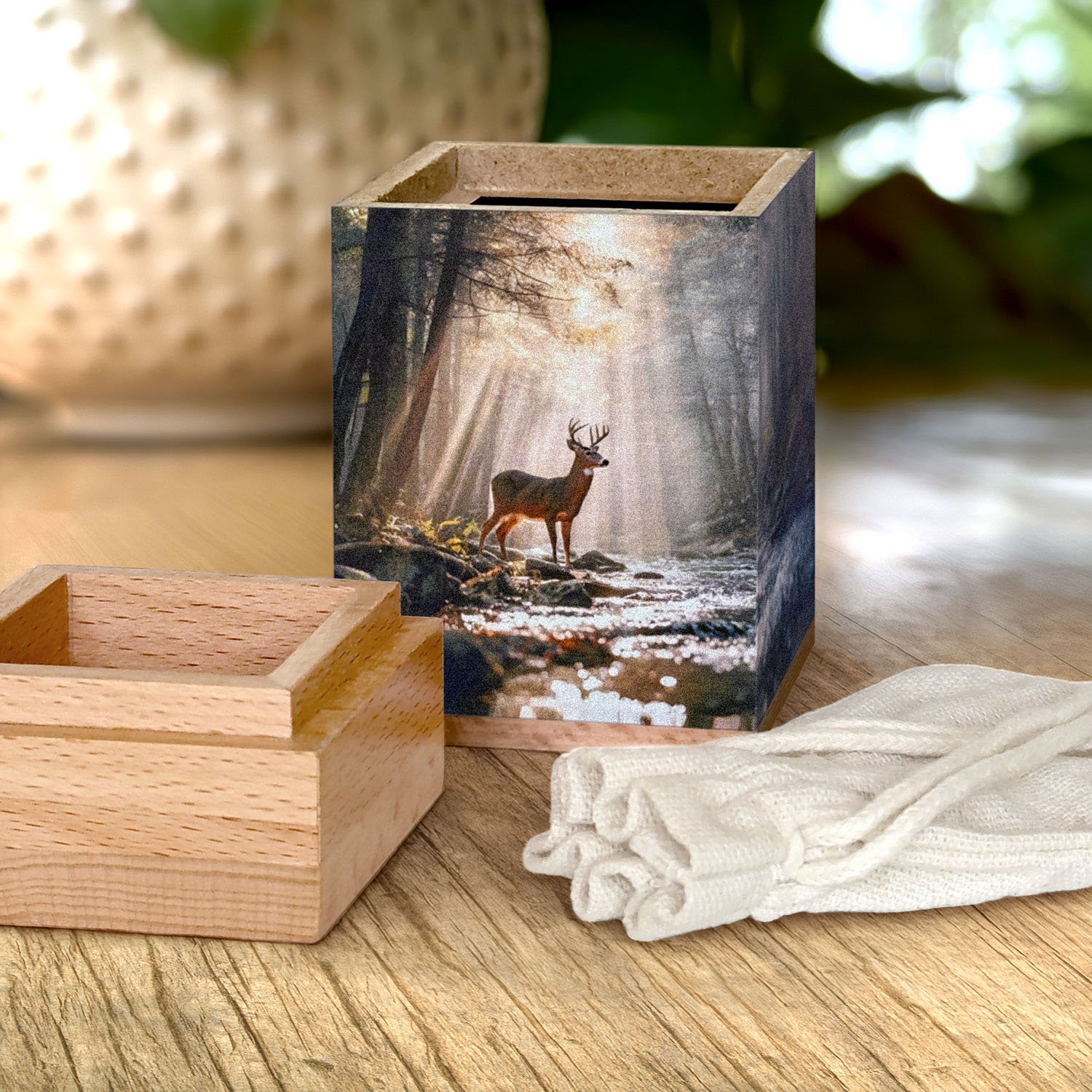 Small wooden cremation urn with deer by forest stream design, handcrafted memorial urn for adult human ashes