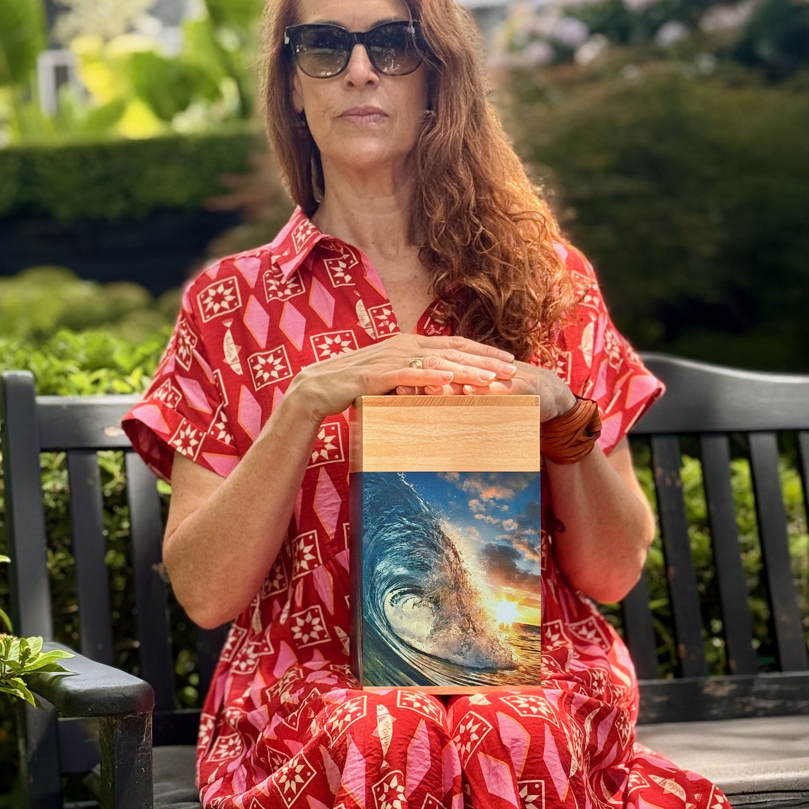 Large wooden cremation urn with ocean wave design, handcrafted memorial urn for adult human ashes